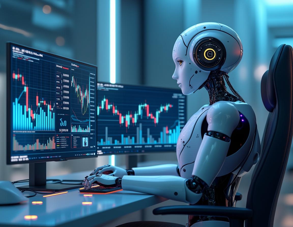 A humanoid AI trading bot at a sleek workstation, analyzing market data across multiple screens, in a futuristic setting.