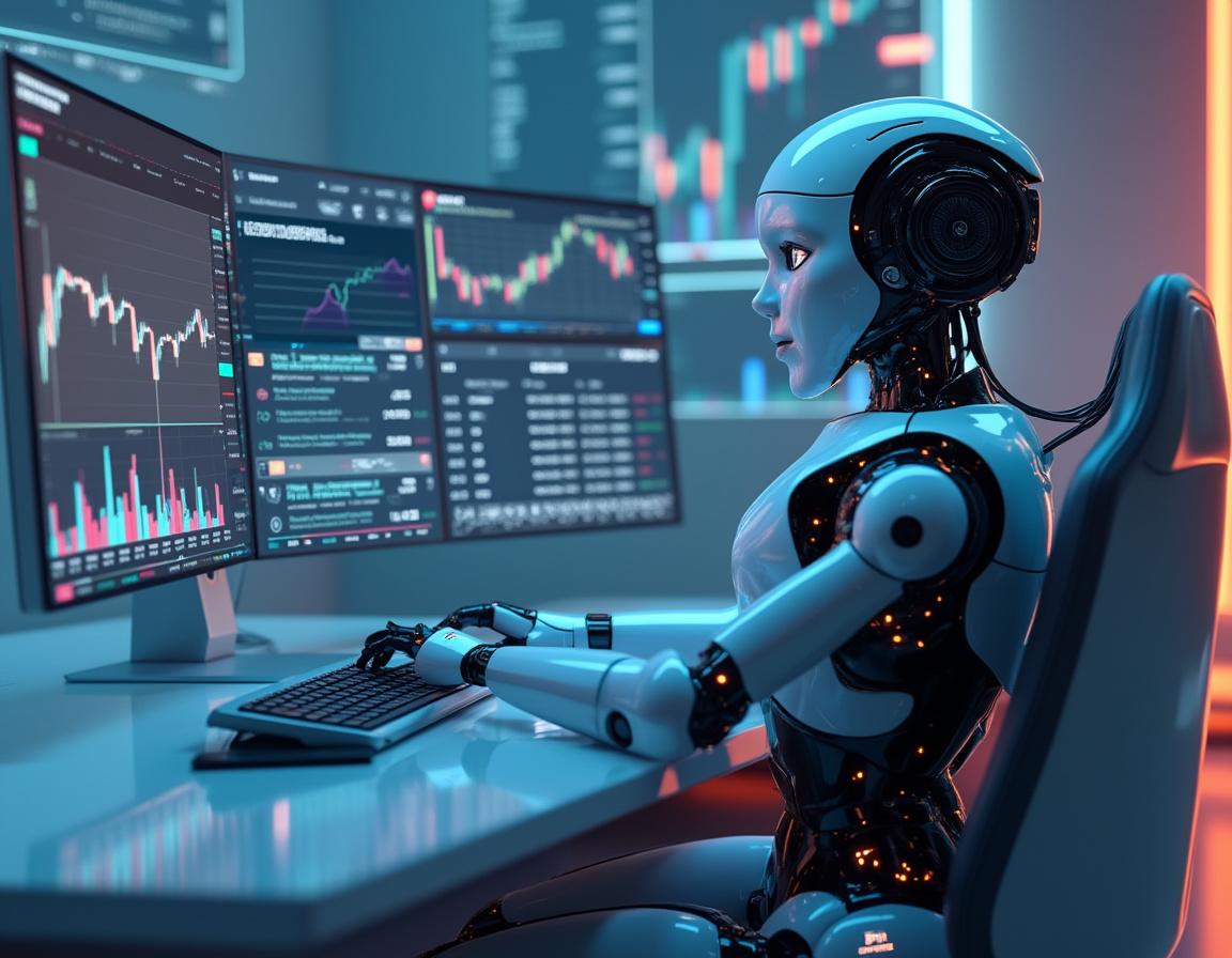 A sleek humanoid AI trading bot analyzes market data at a high-tech workstation with multiple screens displaying trends.