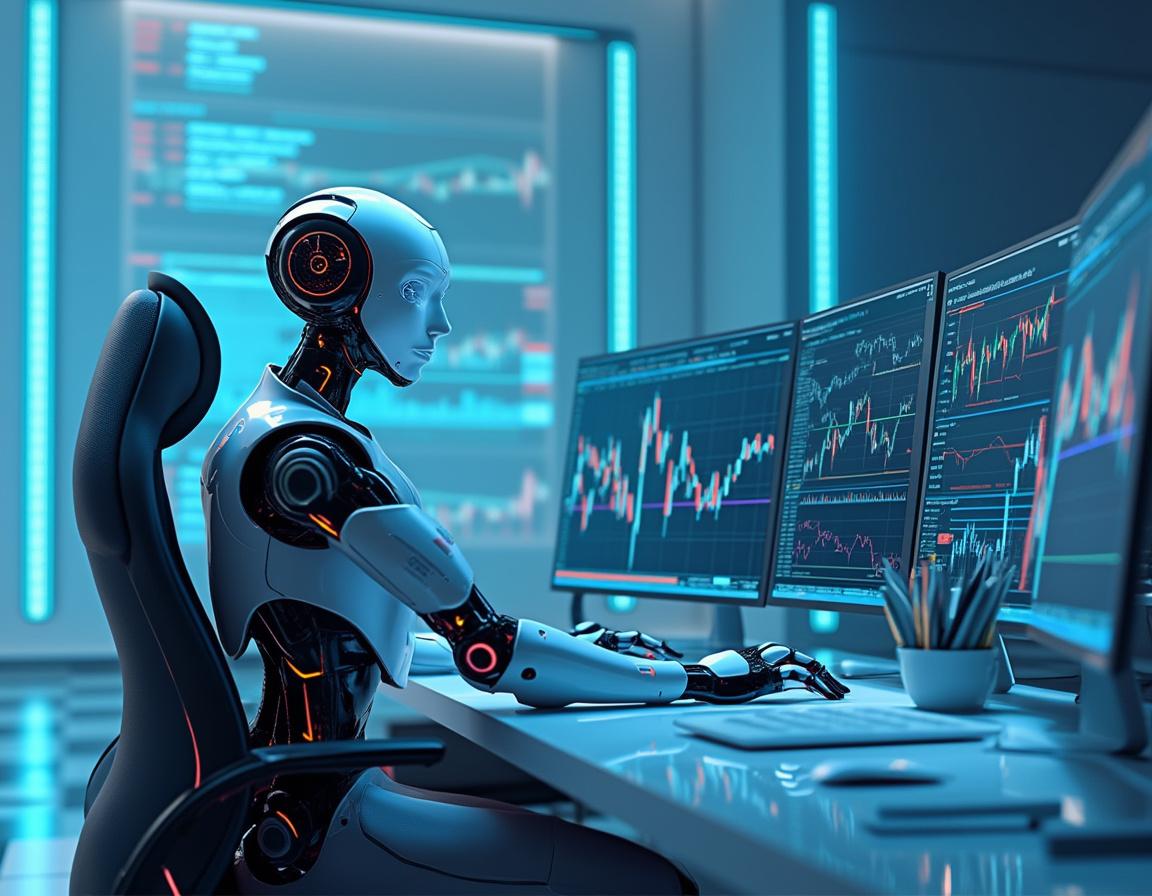 Futuristic AI trading bot at a high-tech workstation, analyzing data on multiple screens with calm, confident presence.