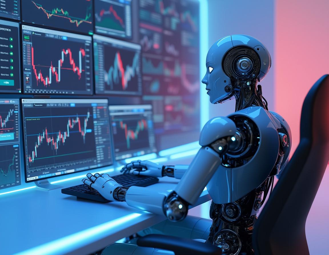 A sleek, humanoid AI trading bot analyzes market data at a high-tech workstation with multiple screens.