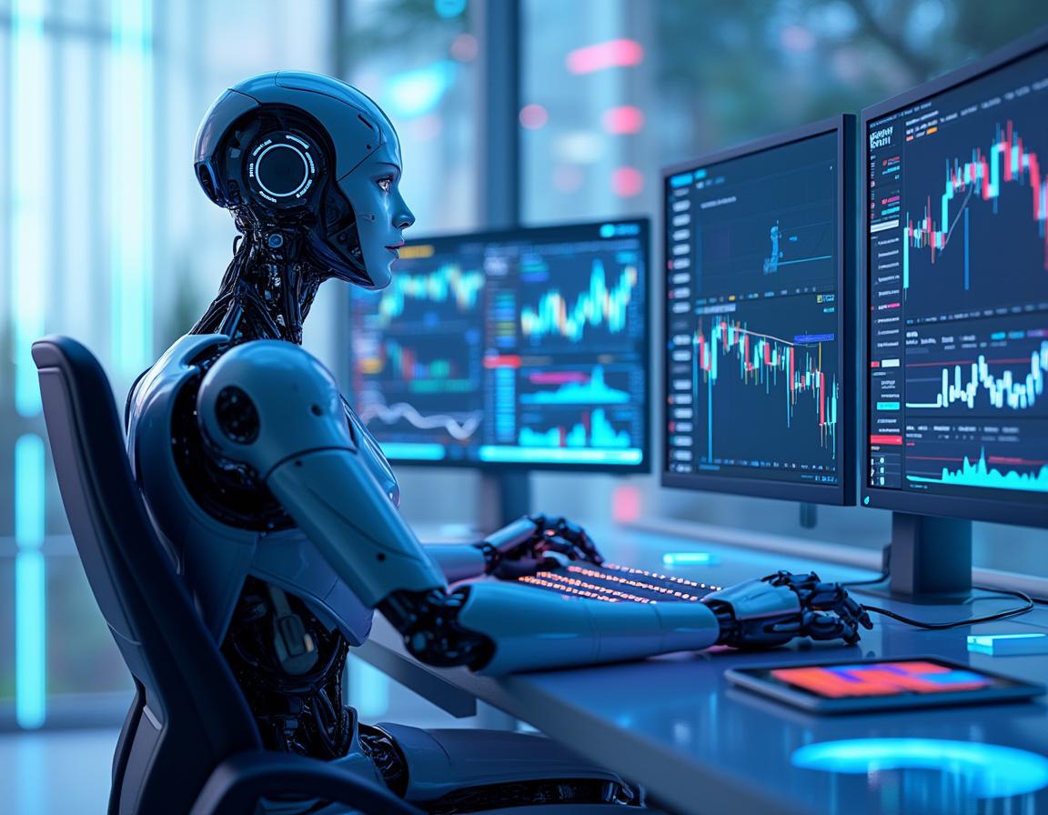 A hyper-realistic AI trading bot analyzes market data, surrounded by screens showing crypto trends.