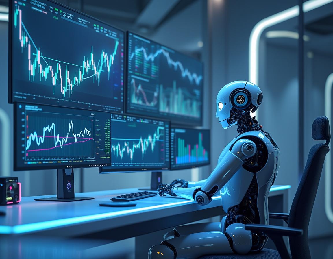 A hyper-realistic AI trading bot at a sleek workstation, analyzing crypto data on multiple screens.
