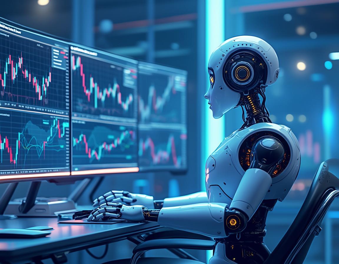 A humanoid AI trading bot analyzes market data at a high-tech workstation with multiple screens.