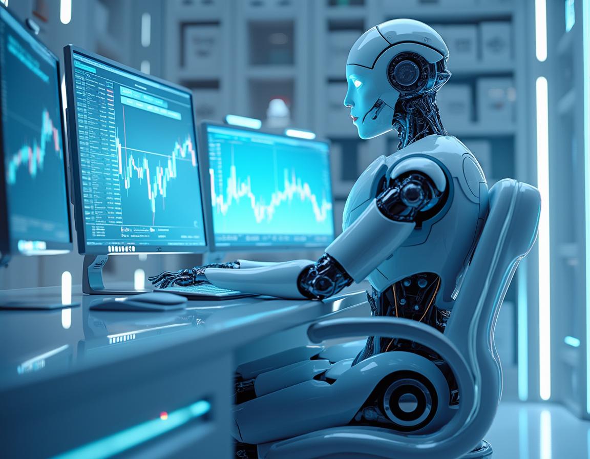 A humanoid AI trading bot analyzes market data at a futuristic workstation with multiple screens.