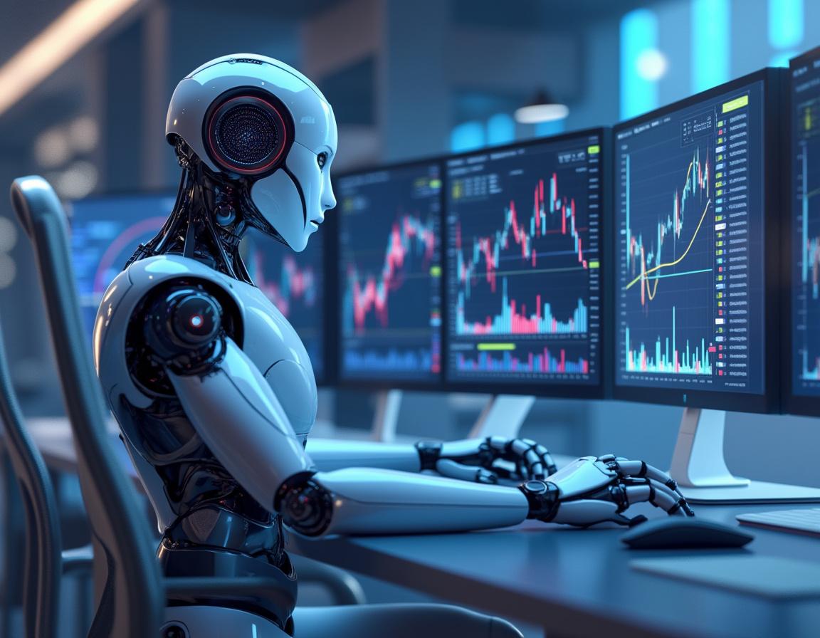 A humanoid AI trading bot at a high-tech workstation, analyzing market data with multiple screens.