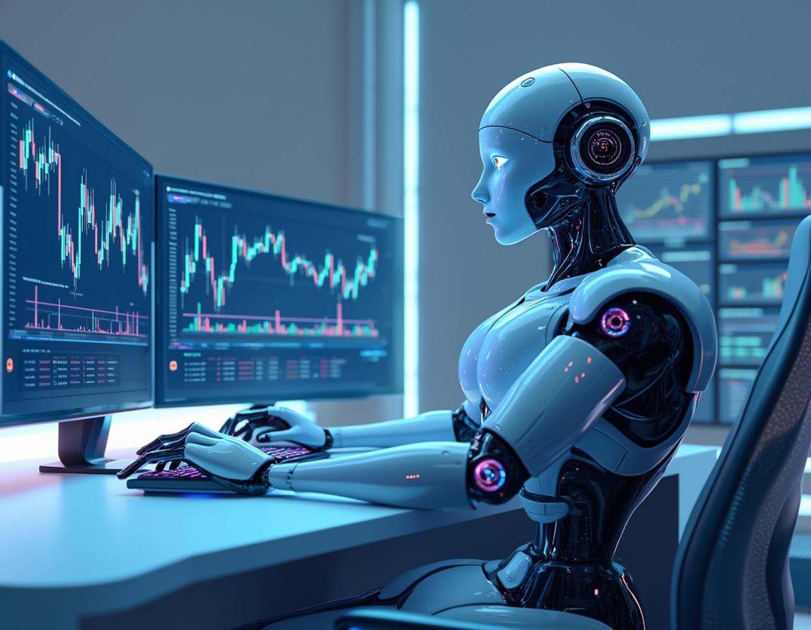A humanoid AI trading bot at a high-tech workstation analyzing market data on multiple screens.