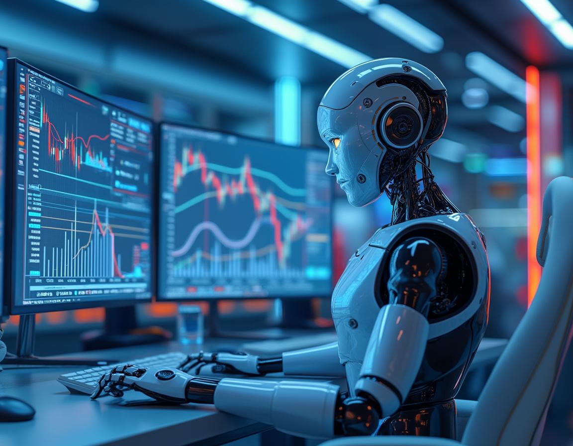 A futuristic AI trading bot analyzes market data at a high-tech workstation, surrounded by screens.