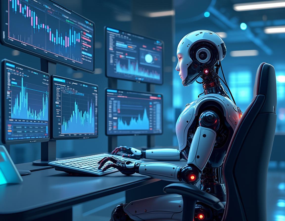A humanoid AI trading bot analyzes market data at a high-tech workstation with multiple screens.