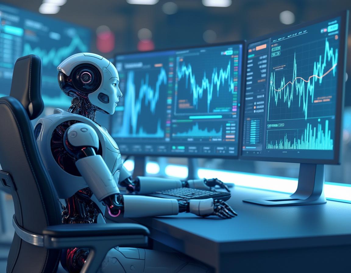A hyper-realistic AI trading bot at a workstation analyzing stock and crypto market data on screens.