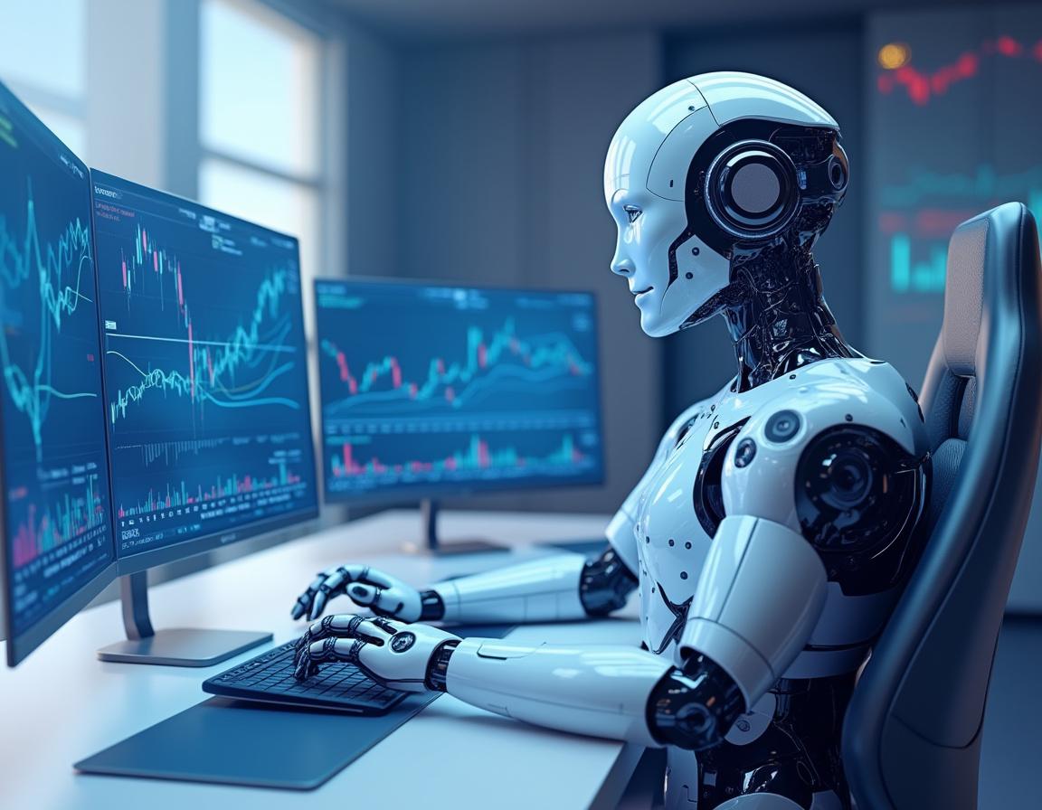 A humanoid AI trading bot at a high-tech workstation analyzing market data on multiple screens.