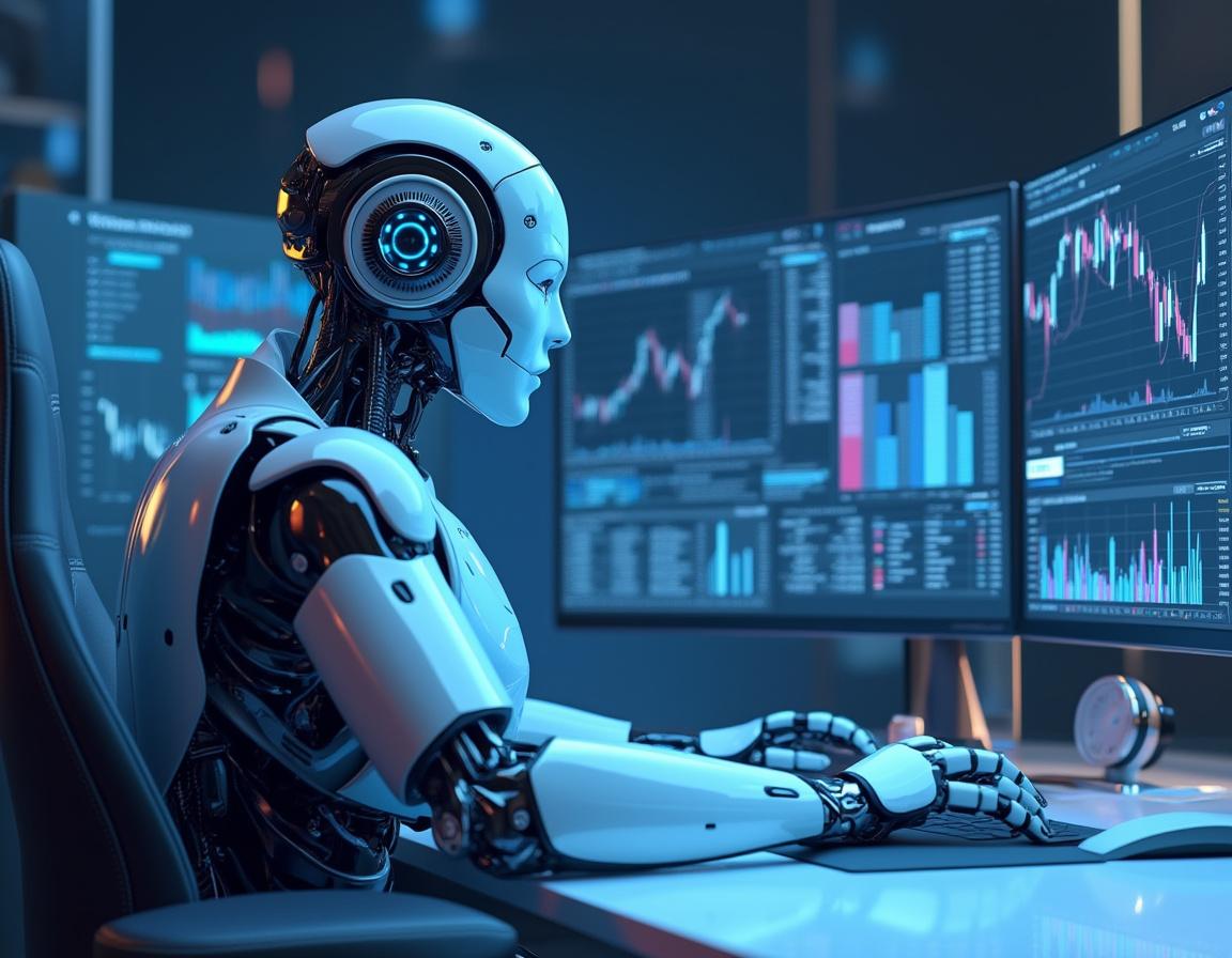 A hyper-realistic AI trading bot analyzes market data at a sleek workstation with multiple screens.