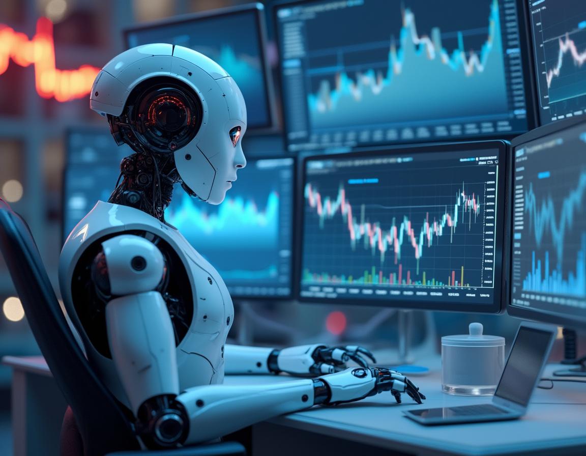 A sleek humanoid AI trading bot in a high-tech workstation, analyzing stock and crypto market data.