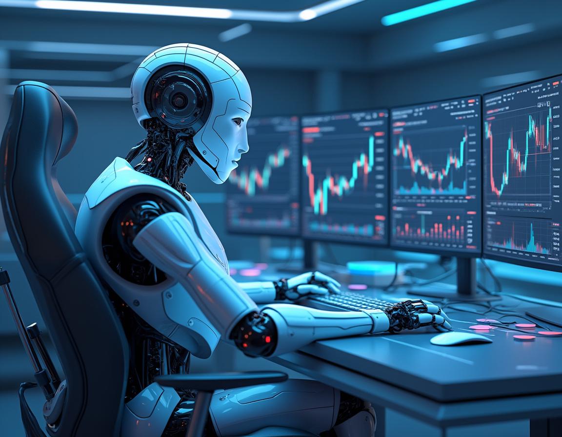 A hyper-realistic AI trading bot analyzes market data at a high-tech workstation, displaying charts.