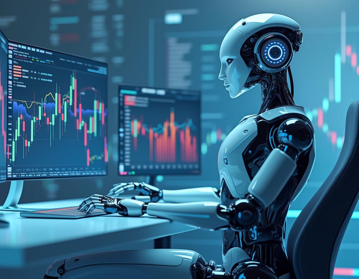 A hyper-realistic AI trading bot in a futuristic setting analyzes market data on multiple screens.