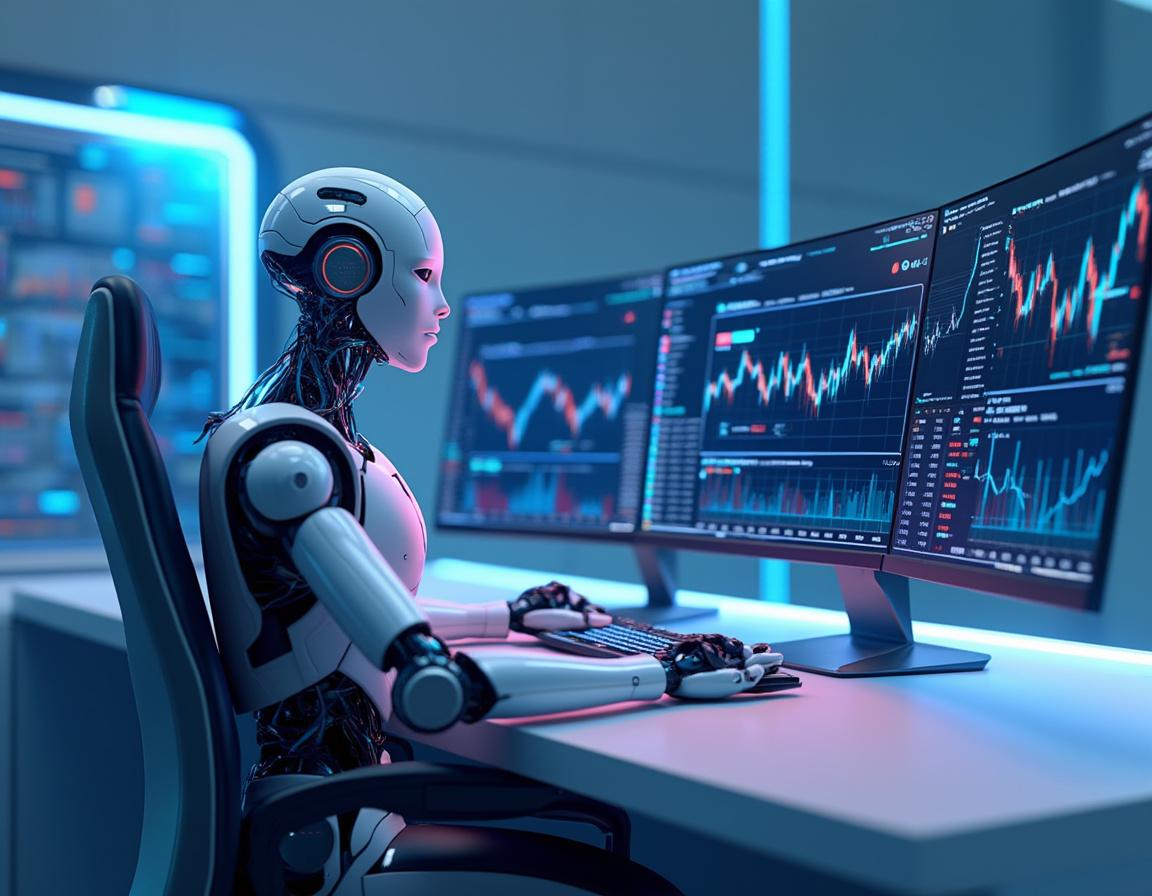 A humanoid AI trading bot at a high-tech workstation analyzing market data across multiple screens.