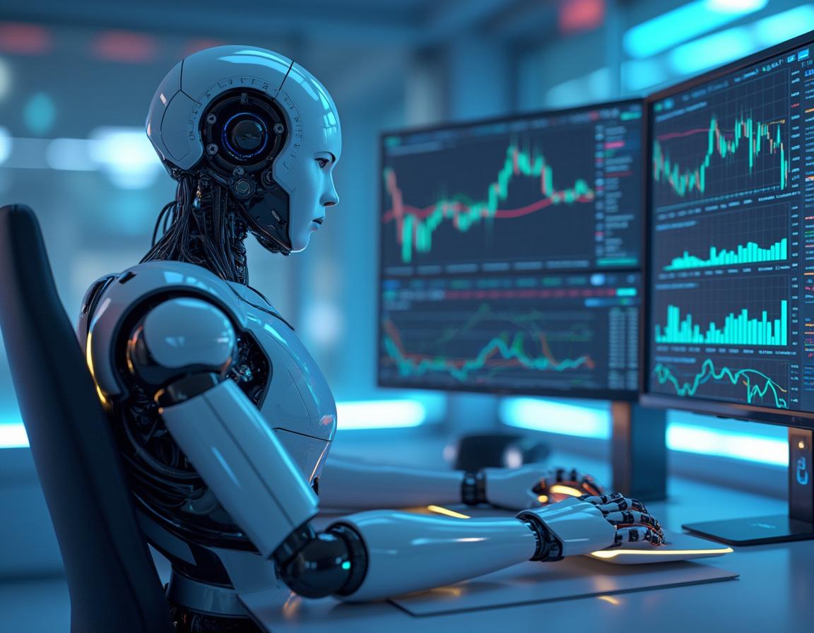 A hyper-realistic AI trading bot analyzes cryptocurrency market data at a high-tech workstation.