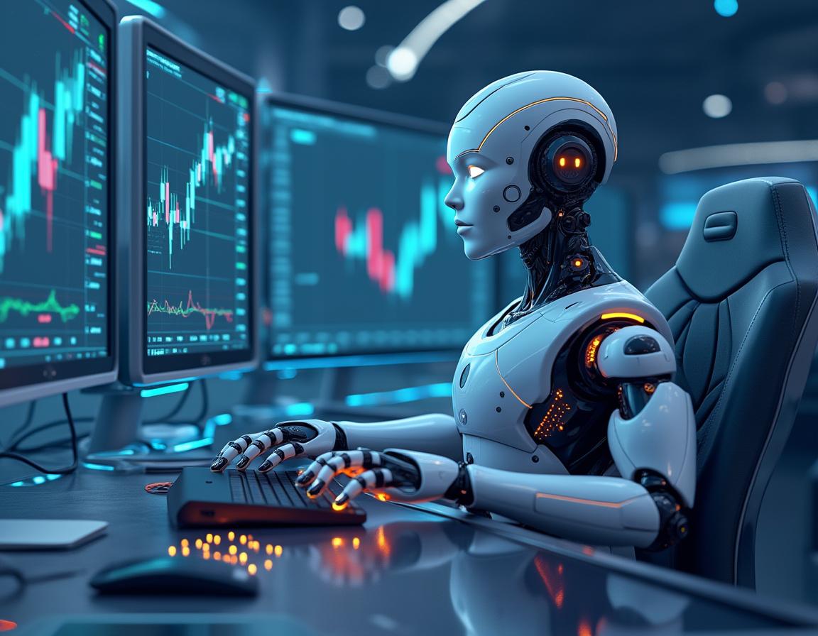 A hyper-realistic AI trading bot at a high-tech workstation analyzing market data across screens.