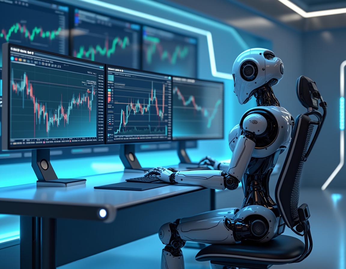 A hyper-realistic AI trading bot at a high-tech workstation analyzing stock and crypto market data.