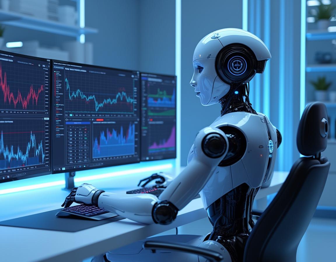 A hyper-realistic AI trading bot in a futuristic workspace analyzes market data on multiple screens.