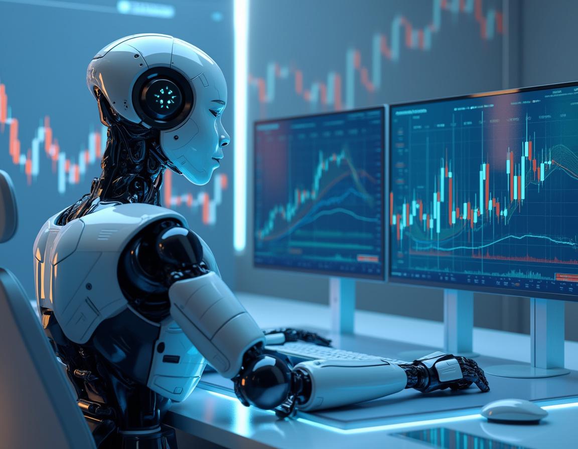 A hyper-realistic AI trading bot at a high-tech workstation analyzing market data on multiple screens in a futuristic setting.