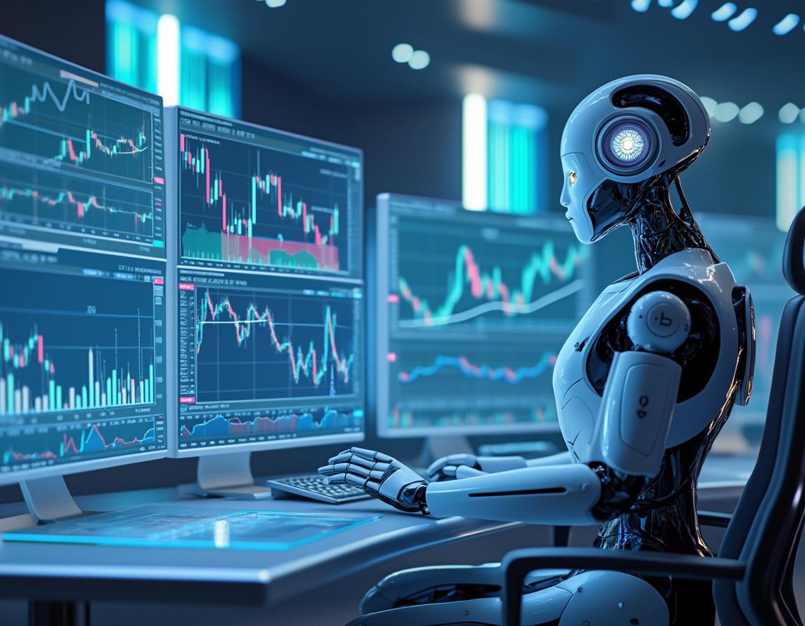 A hyper-realistic AI trading bot at a futuristic workstation, analyzing market data on multiple screens.