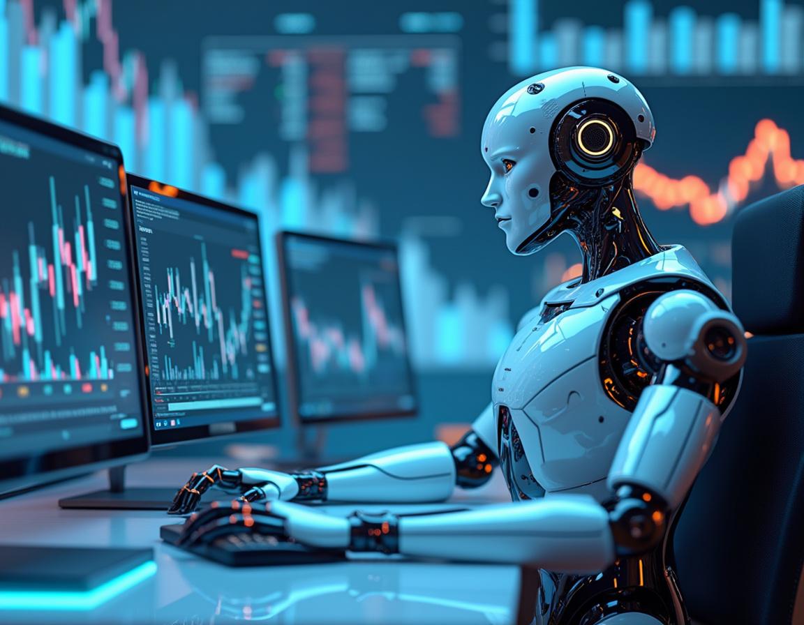 A hyper-realistic AI trading bot at a high-tech workstation analyzing market data on multiple screens.