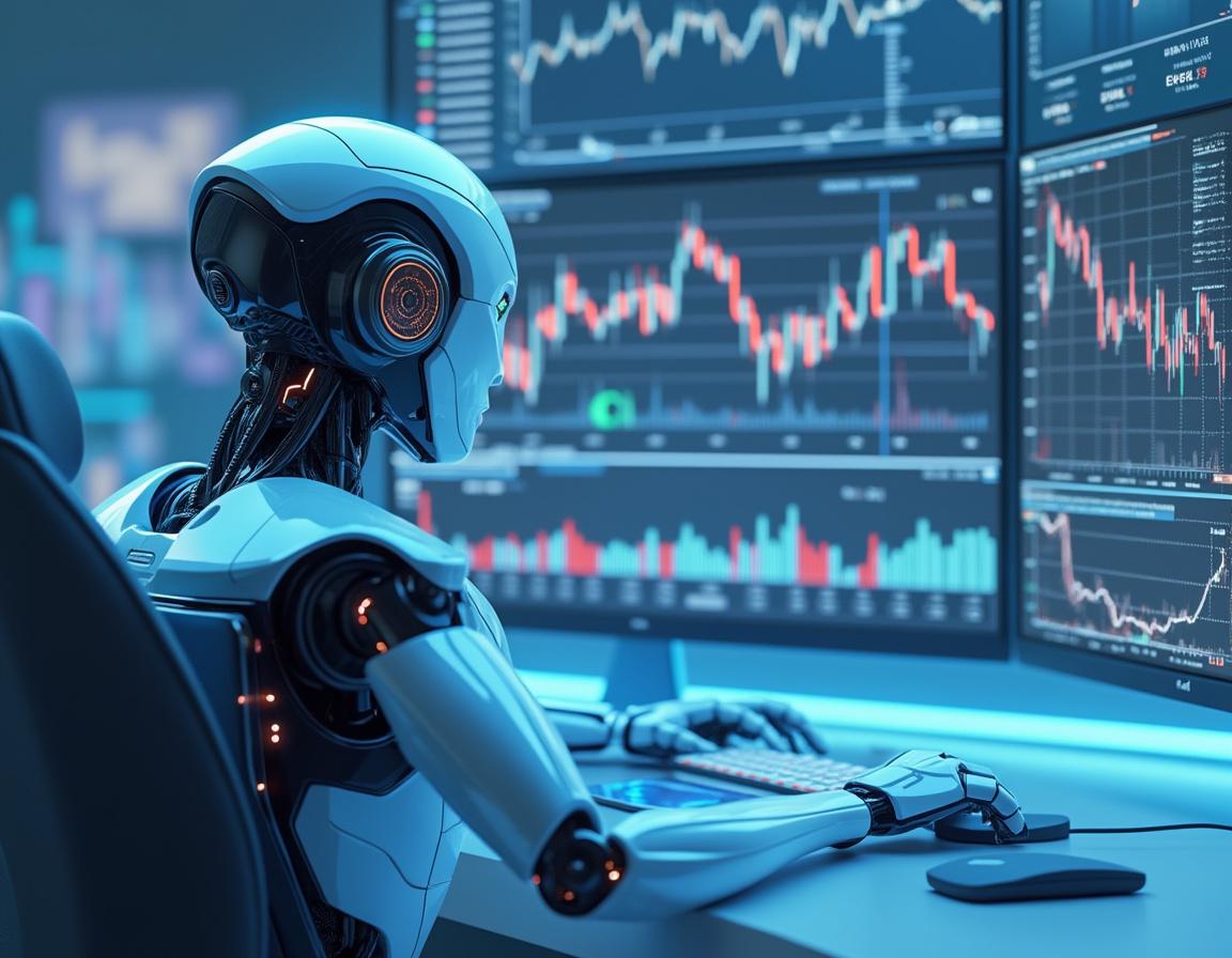 A hyper-realistic humanoid AI trading bot seated at a high-tech workstation analyzing market data.