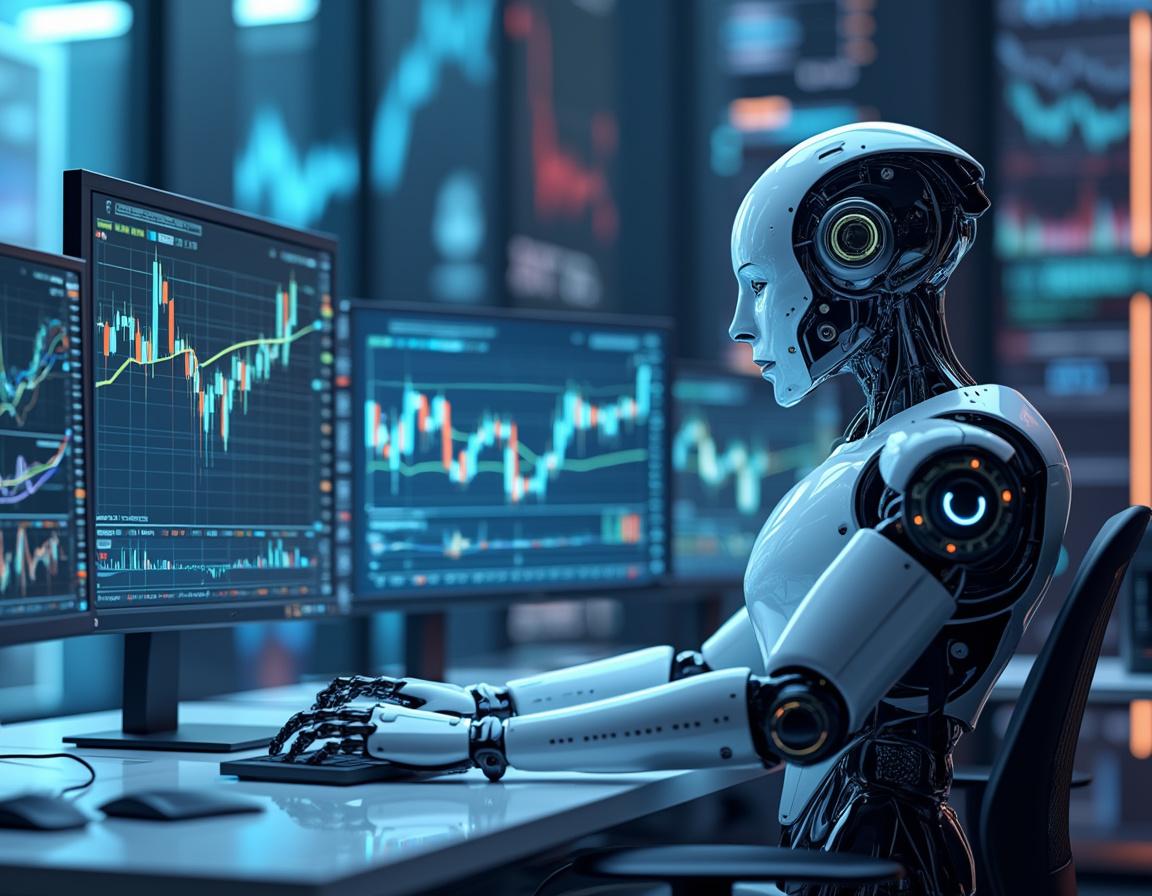 A humanoid AI trading bot at a high-tech workstation, analyzing market data on multiple screens.