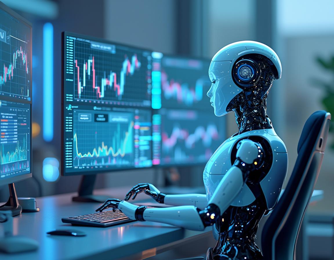 A hyper-realistic AI trading bot analyzes market data at a sleek workstation with glowing screens.