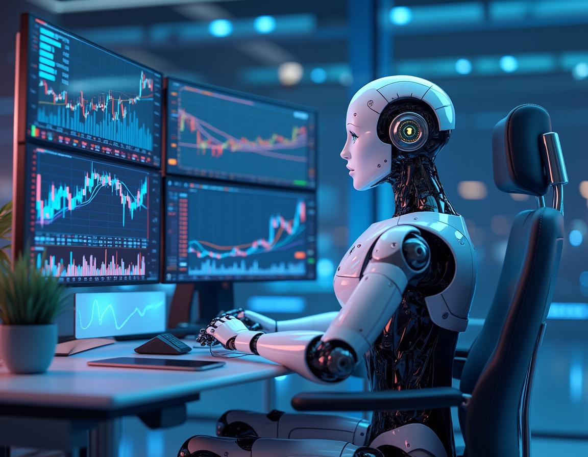 A hyper-realistic AI trading bot seated at a high-tech workstation, analyzing market data on multiple screens.