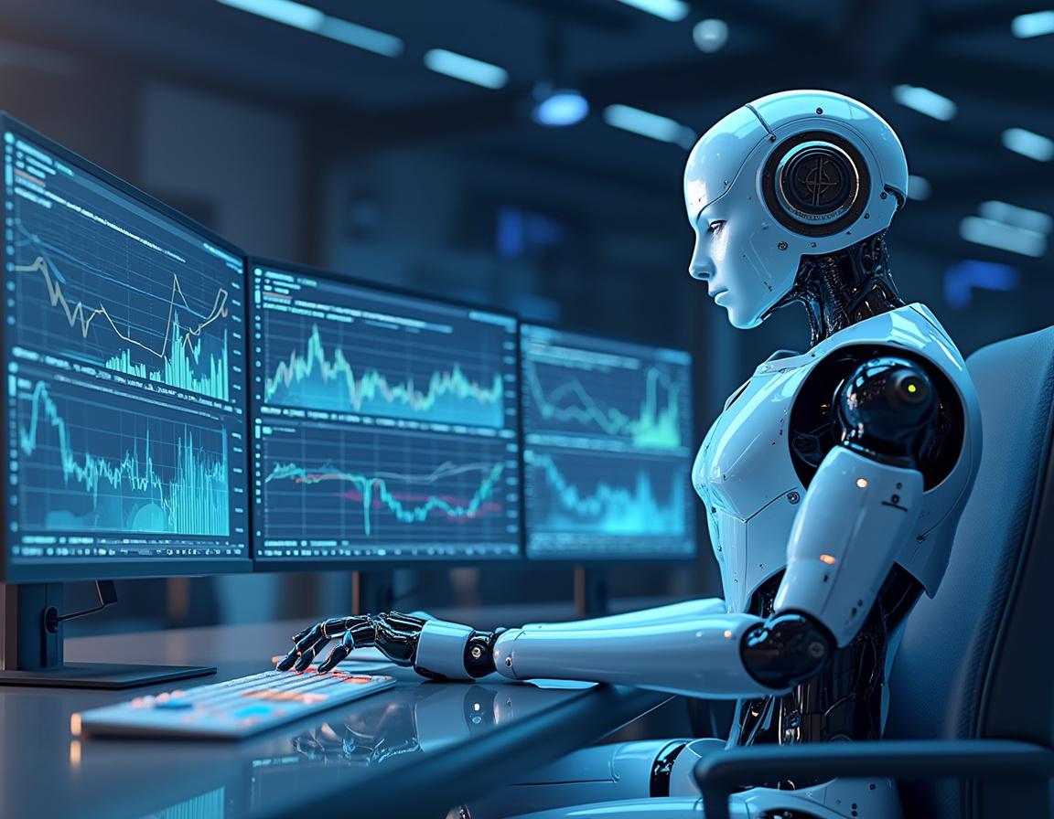 A hyper-realistic AI trading bot analyzes crypto data at a high-tech workstation with market charts.