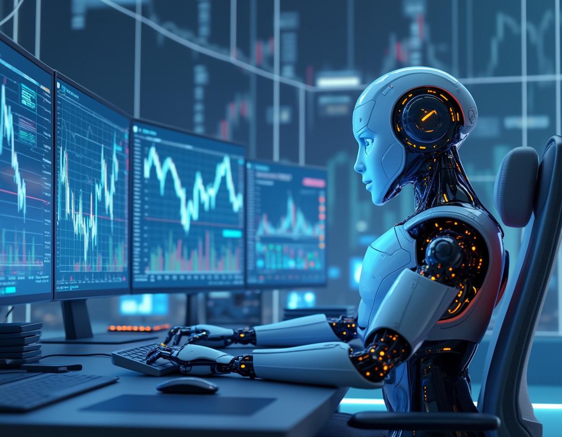 A hyper-realistic AI trading bot at a futuristic workstation analyzing stock and crypto market data.