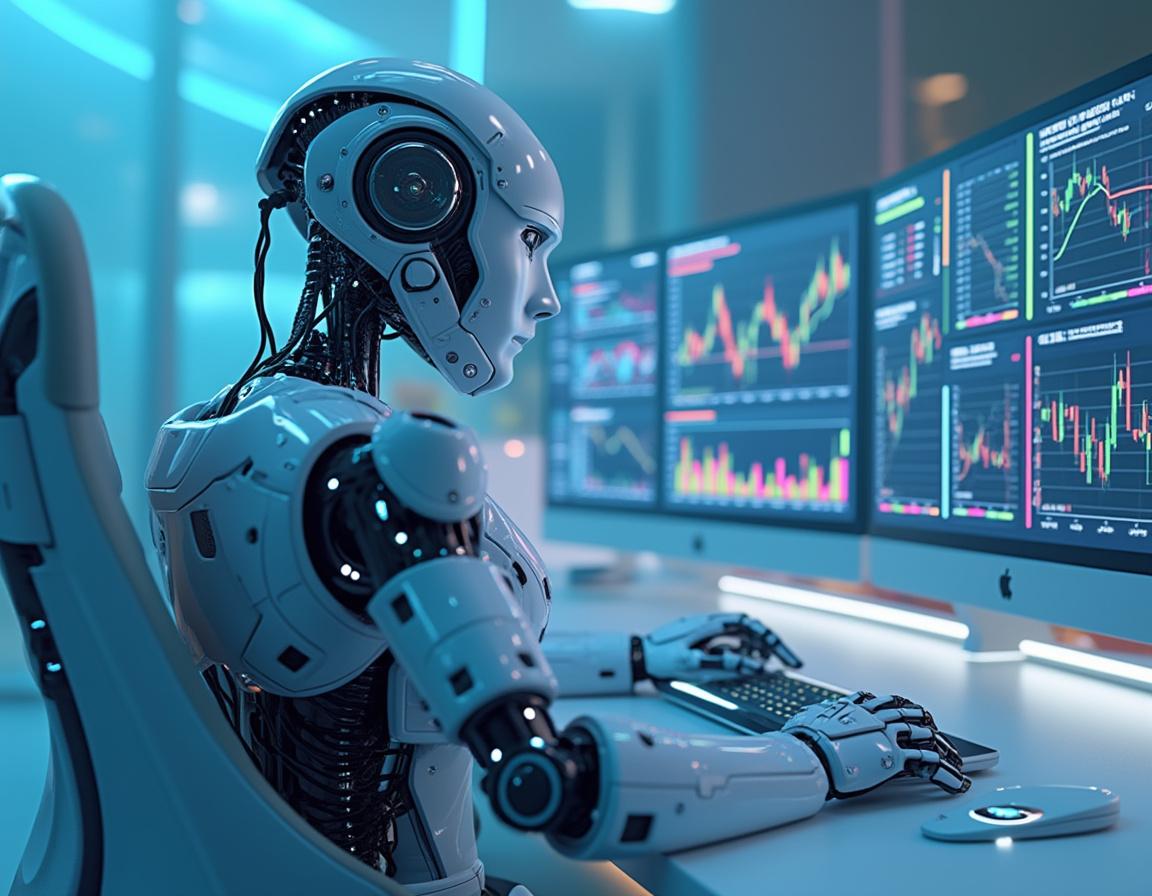 AI trading bot at a high-tech workstation, analyzing market data on multiple screens in a futuristic environment.
