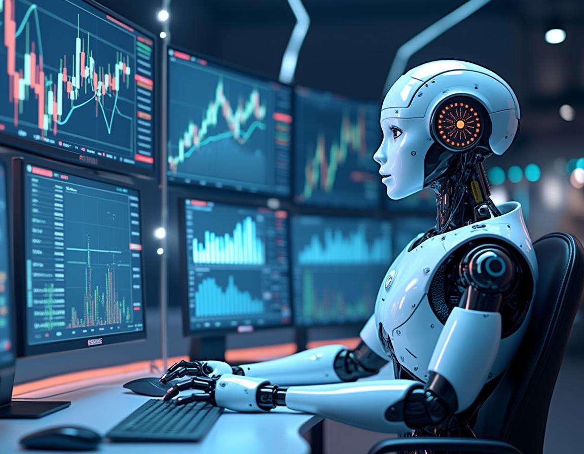 A hyper-realistic AI trading bot analyzes market data at a high-tech workstation with glowing screens, displaying charts.