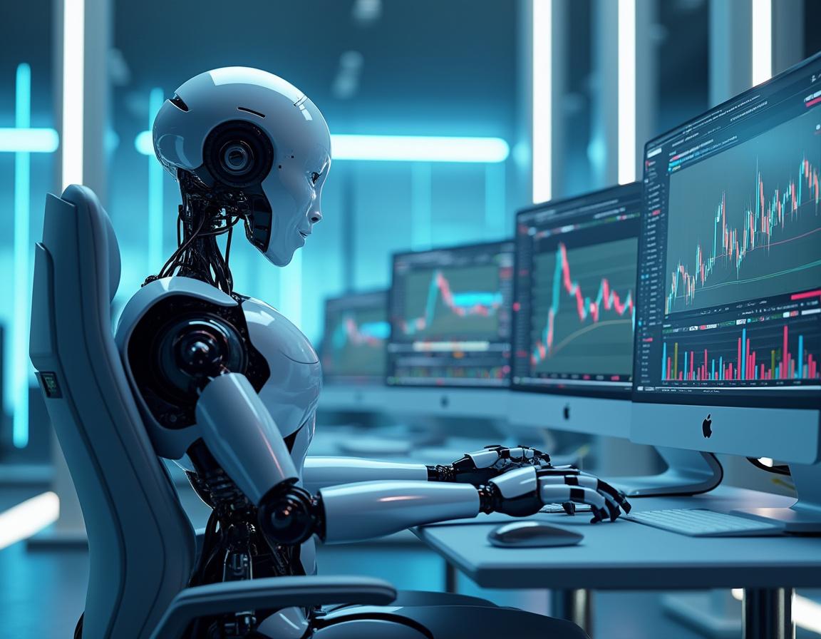 A hyper-realistic AI trading bot analyzes market data on multiple screens in a futuristic setting.