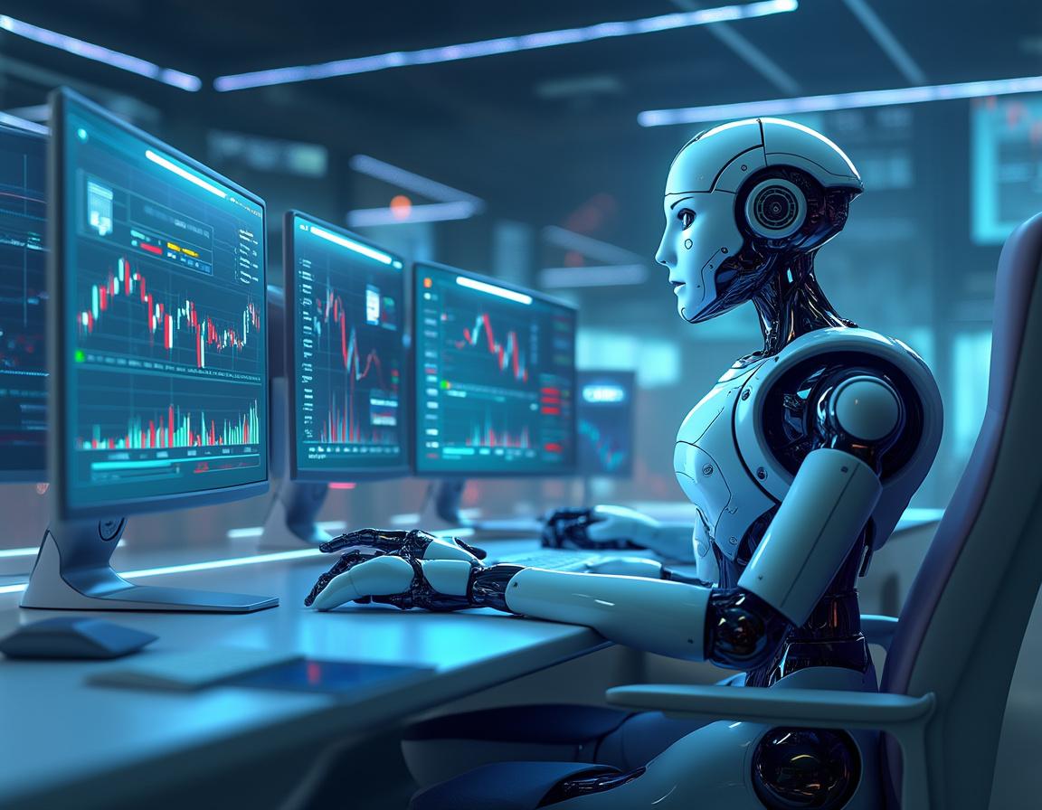 A humanoid AI trading bot at a futuristic workstation analyzes market data on multiple screens.