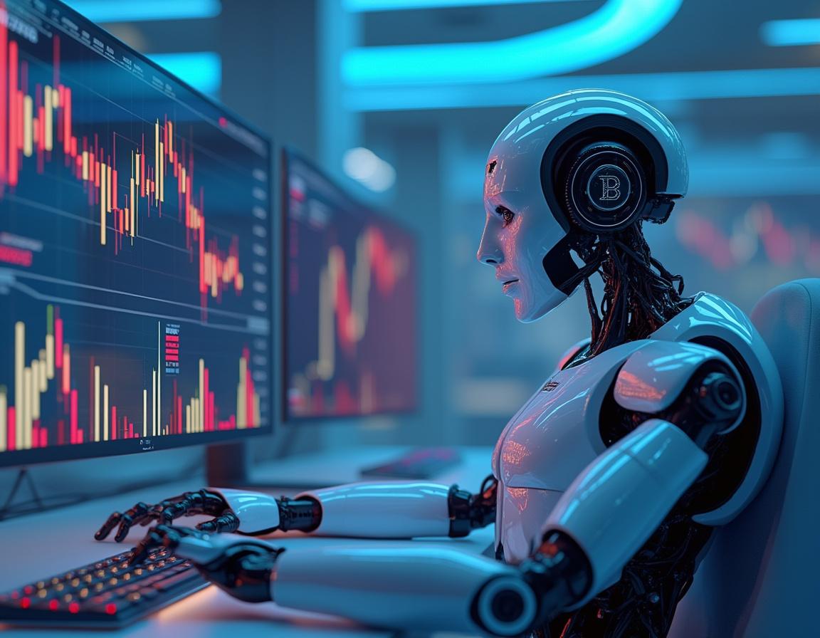 A humanoid AI trading bot at a workstation, analyzing market data across multiple detailed screens.