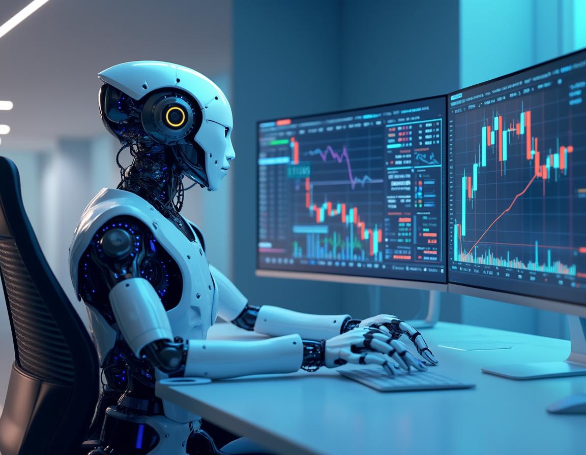 A futuristic AI trading bot analyzes market data at a high-tech workstation with multiple screens.