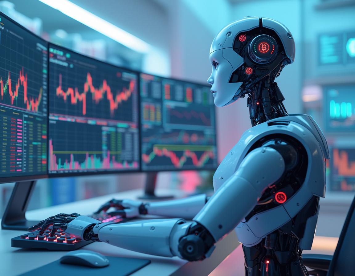 A hyper-realistic AI trader bot analyzes market data on multiple screens in a futuristic workspace.