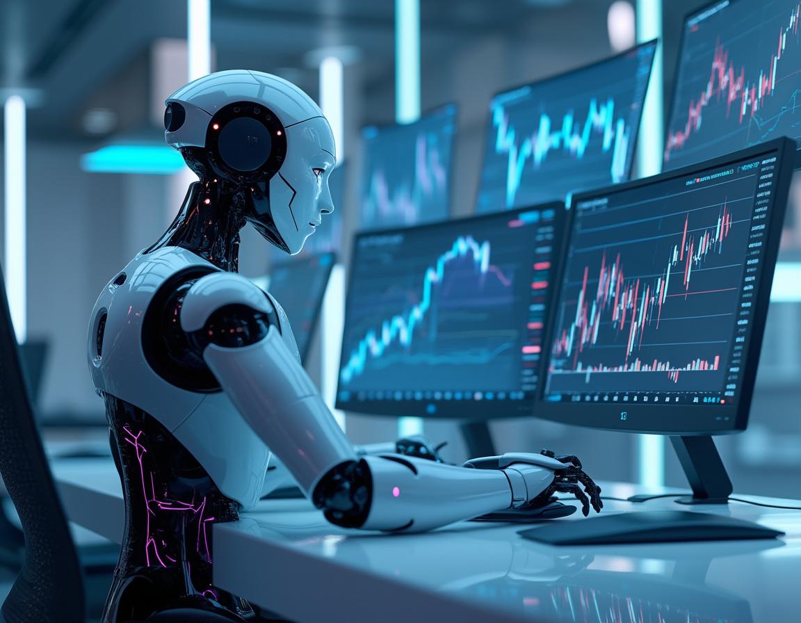 A sleek humanoid AI trading bot at a high-tech workstation analyzes market data on multiple screens.