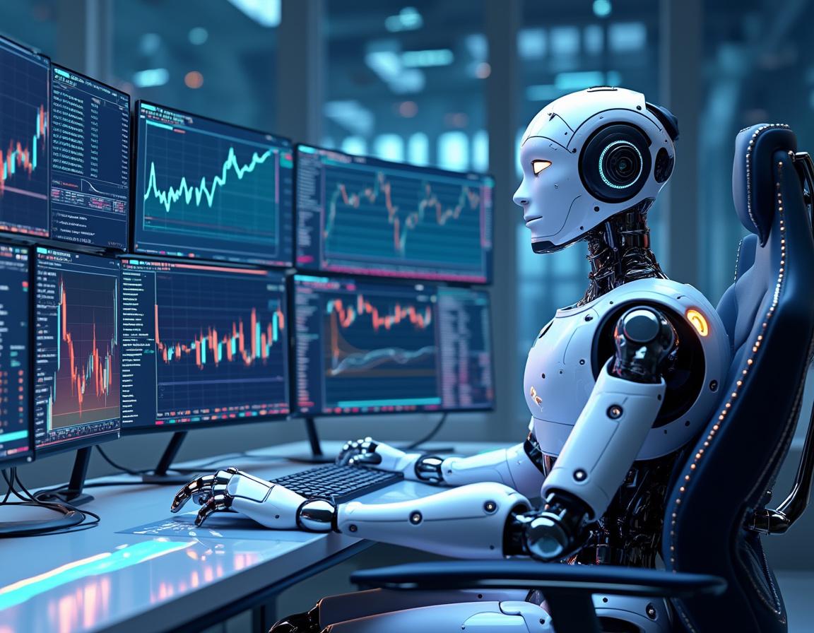 A hyper-realistic AI trading bot at a sleek workstation analyzing market data on multiple screens in a futuristic setting.