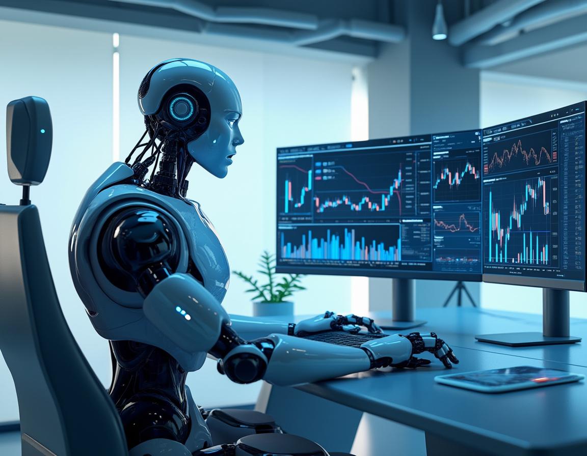A hyper-realistic AI trading bot at a workstation analyzing market data in a futuristic environment.