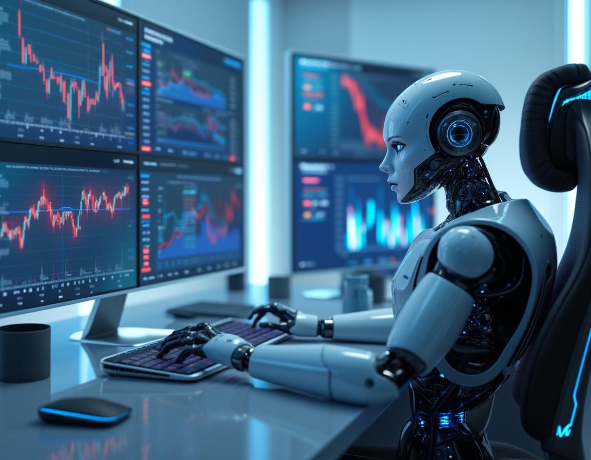 A futuristic AI trading bot analyzes market data at a high-tech workstation with glowing screens.