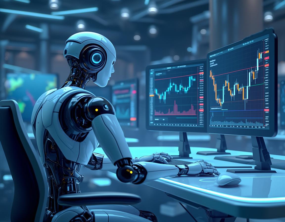A hyper-realistic AI trading bot at a sleek workstation analyzes market data on multiple screens.