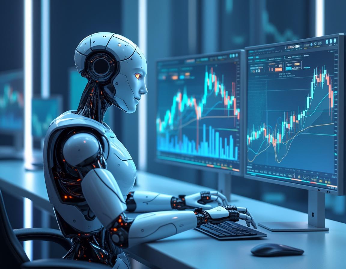 A humanoid AI trading bot analyzes market data at a high-tech workstation with multiple screens.