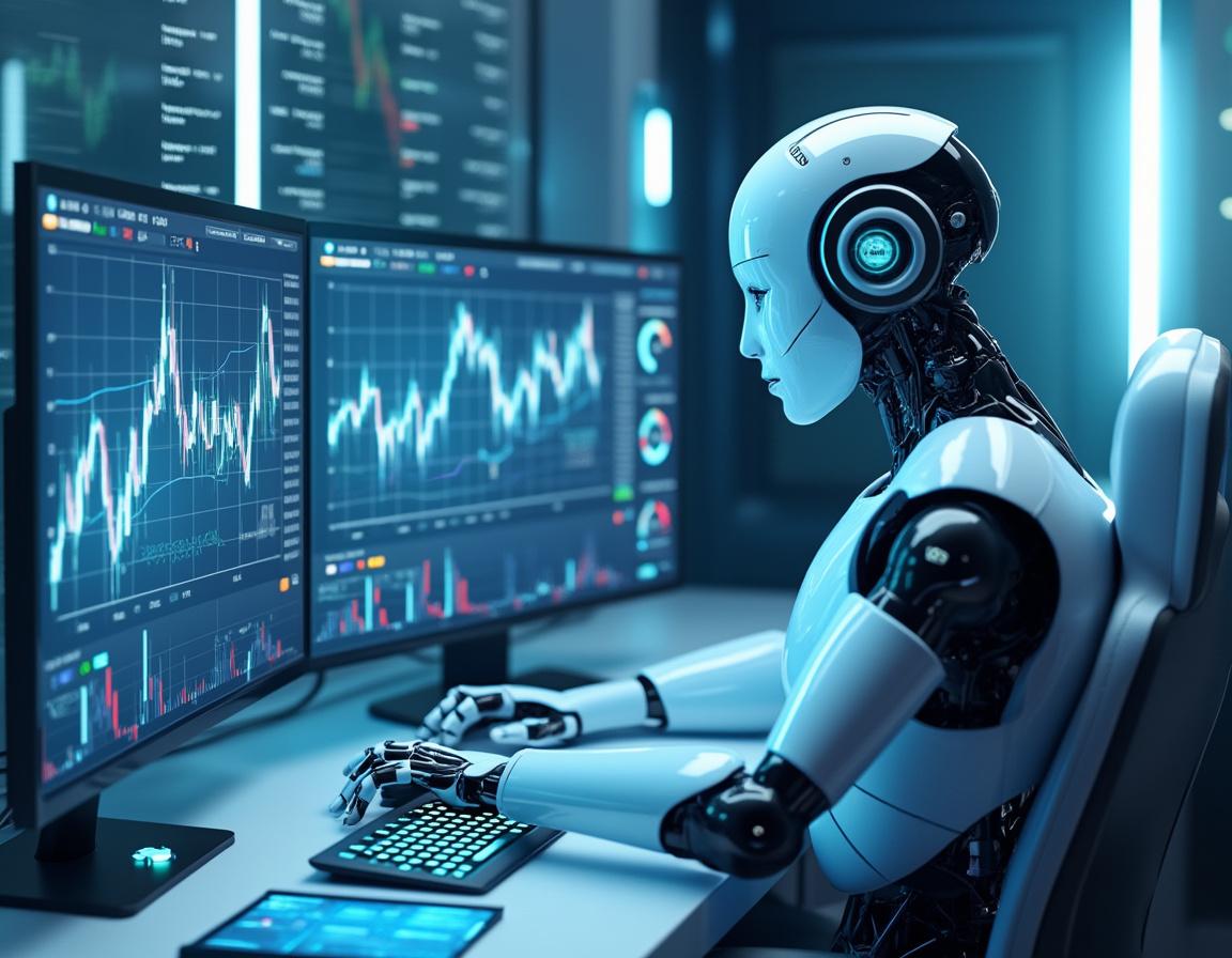 A hyper-realistic AI trading bot operates at a high-tech workstation with multiple screens displaying market data.