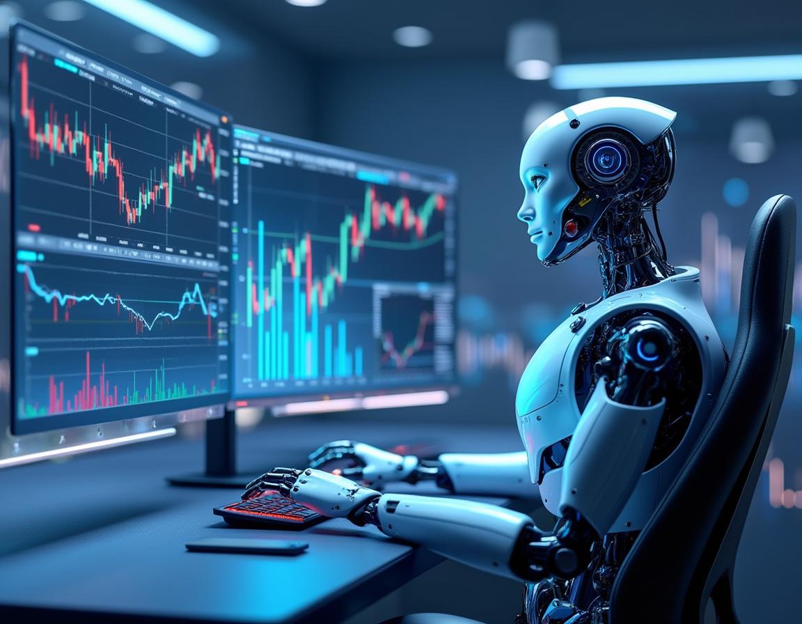 A humanoid AI trading bot analyzes market data at a high-tech workstation with multiple screens.