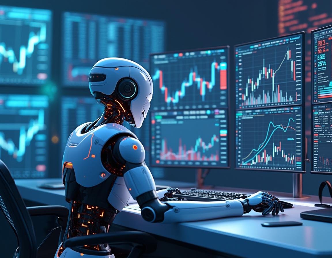 A humanoid AI trading bot analyzes market data at a high-tech workstation with glowing screens.