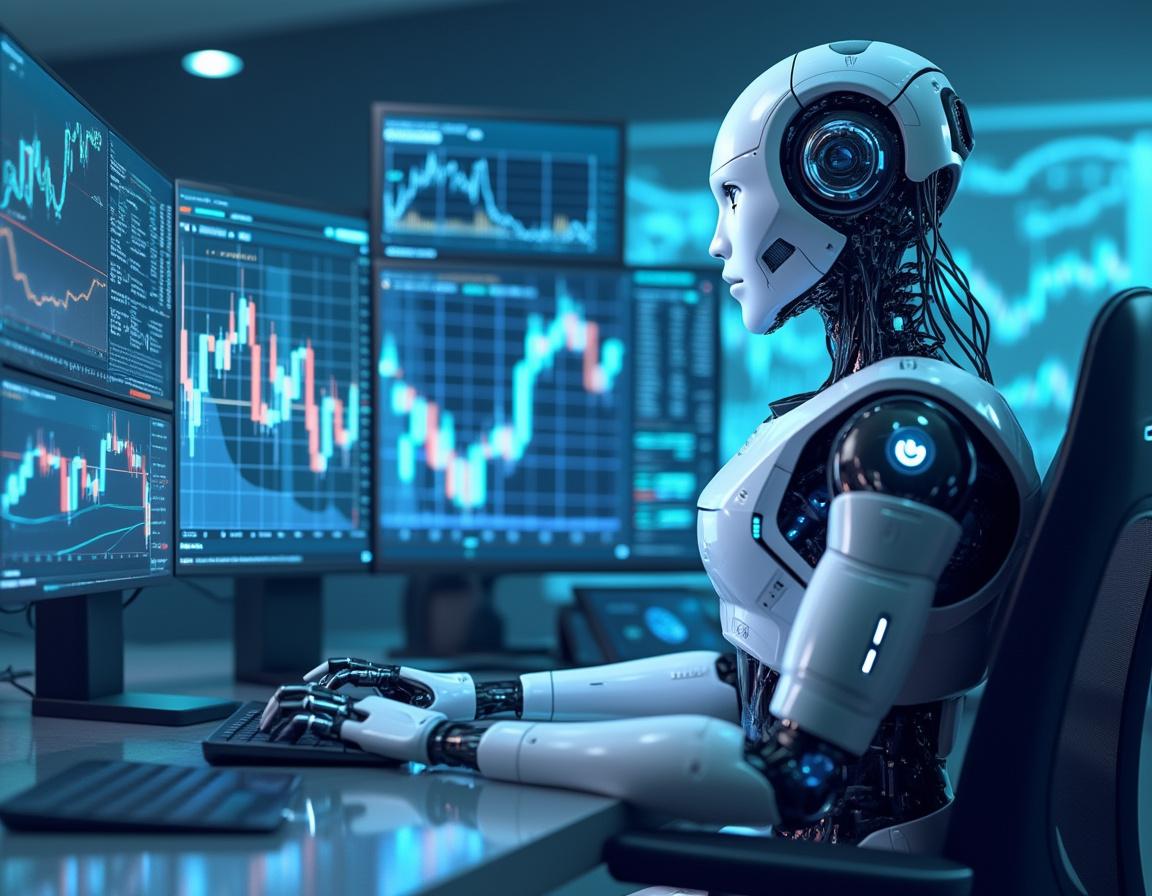 A humanoid AI trading bot at a workstation analyzes market data across multiple illuminated screens.