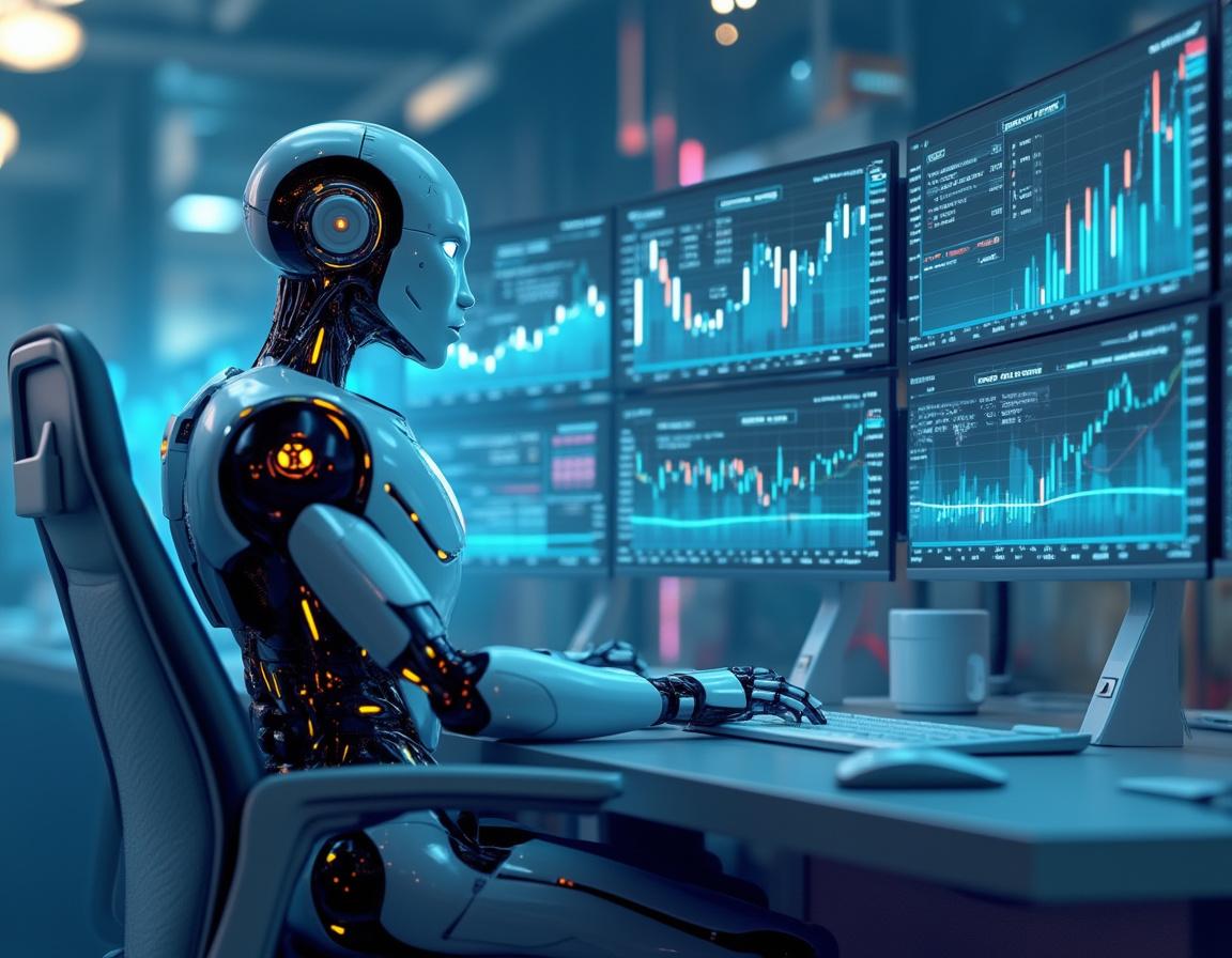 A humanoid AI trading bot analyzes market data at a high-tech workstation with multiple screens.